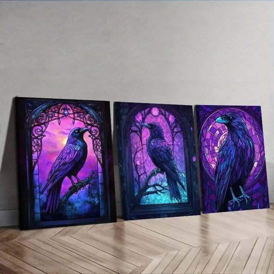 3pcs Stained Glass Window a Raven Perfect Wall Art Set Canvas Framed 40x60cm - High Quality Print 100% Australian Made Wall Canvas Ready to Hang