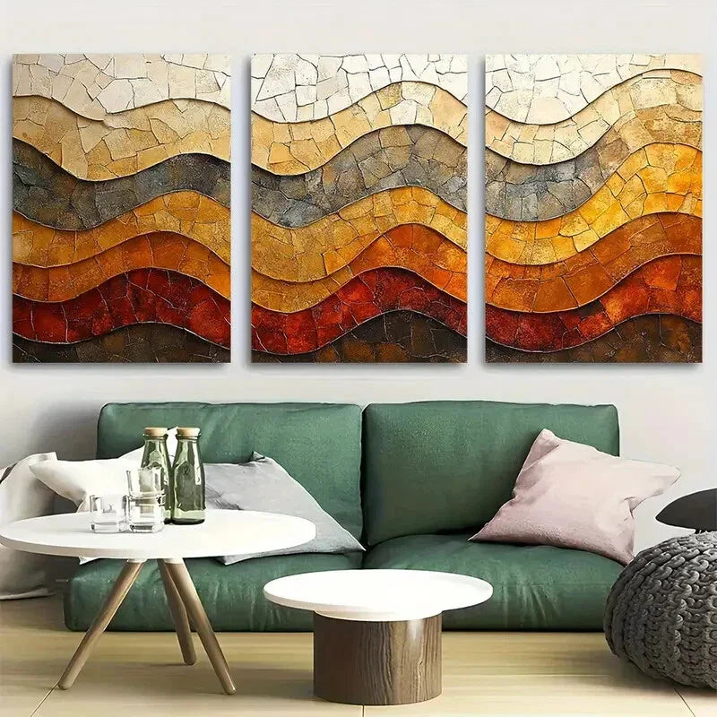 3pcs Modern Abstract Wave Mosaic Warm Earthy Tones Metal Print Ready to Hang Art