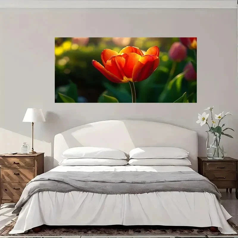 Red Orange Tulip Green Foliage Wall Art Canvas Office Home Room Framed 80x45cm