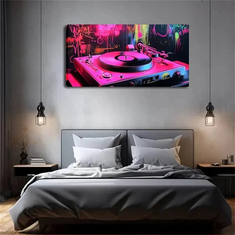 Neon-Lit Vinyl Record Player Wall Art Canvas Office Home Room Framed 120x60cm