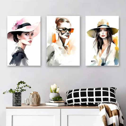 3pcs Elegant Women in Stylish Hats and Fashion Metal Print Ready to Hang Art