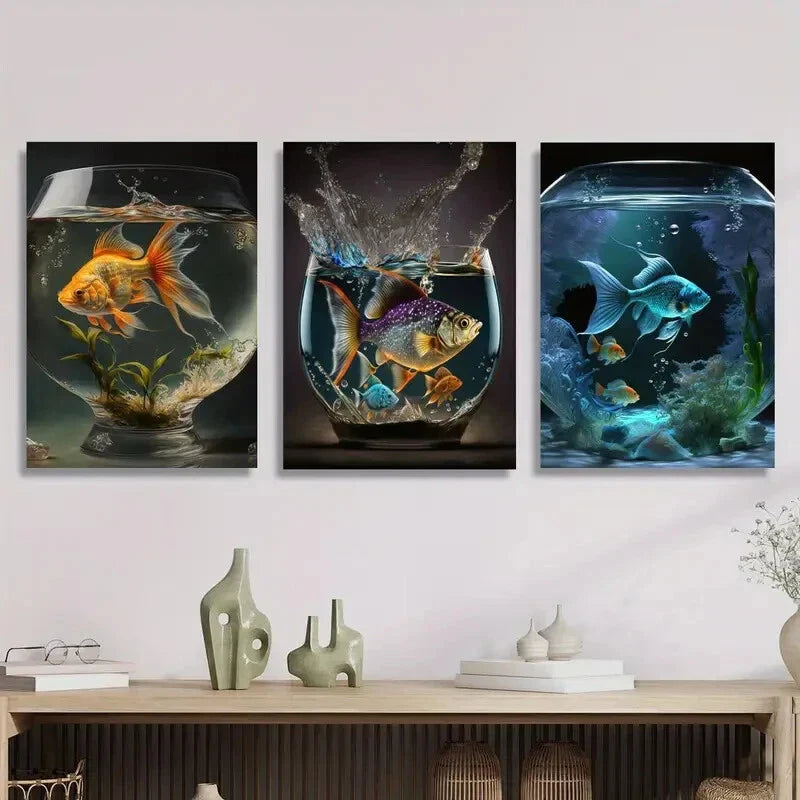 3pcs Water Splashes Colorful Aquarium Scenes Metal Print Ready to Hang Art
