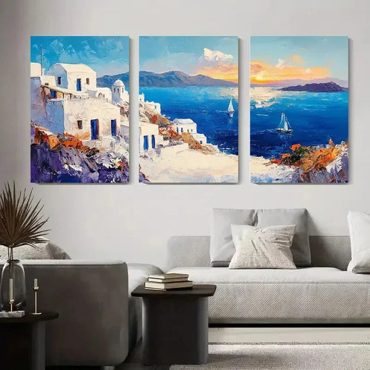 3pcs Vibrant Greece Seaside Seascape Metal Print Ready to Hang Art