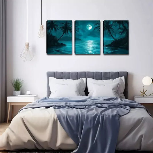 3pcs The Lake In The Night, The Moon Wall Art Set Canvas Framed 40x60cm - High Quality Print 100% Australian Made Wall Canvas Ready to Hang