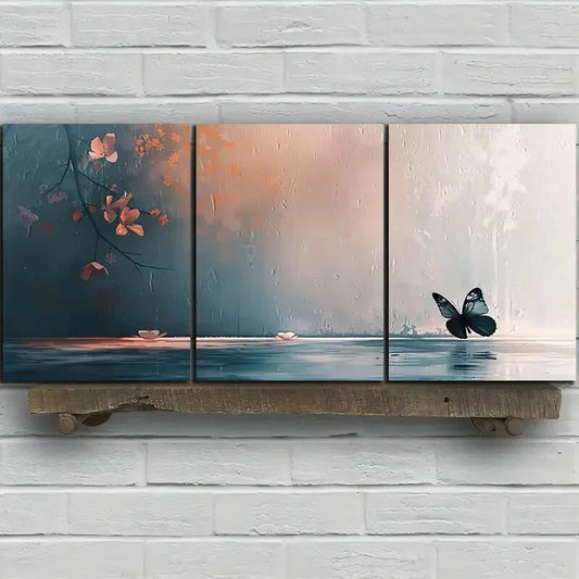 3pcs Black Butterfly Modern Red Floral Metal Print Ready to Hang Art