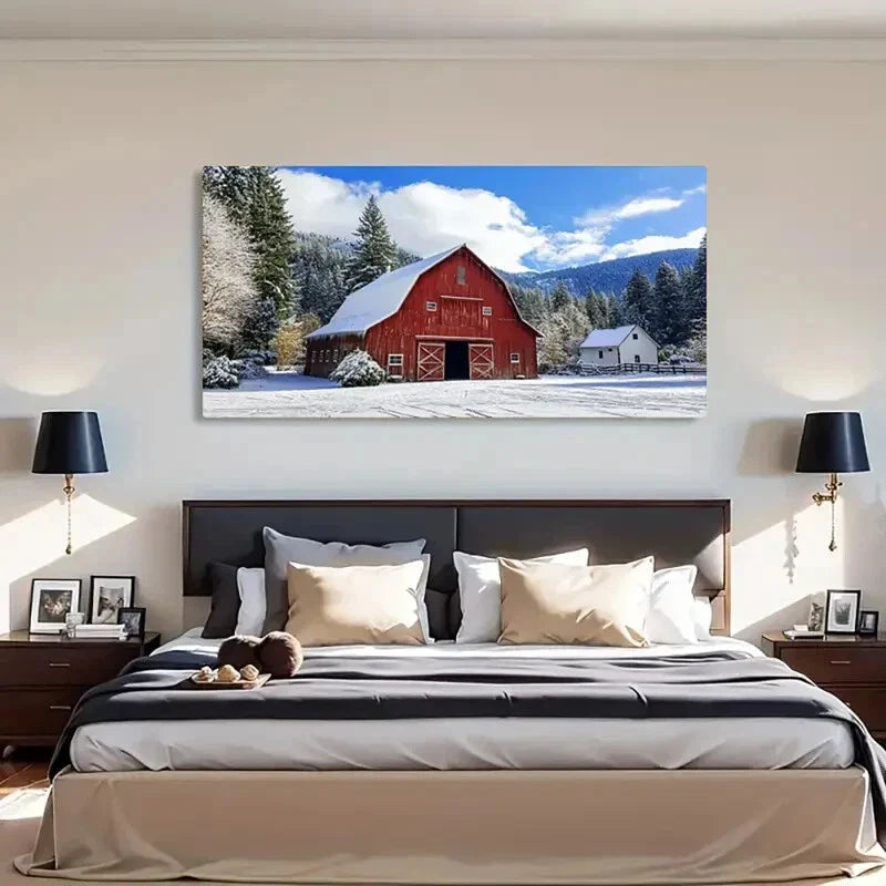 Red Barn Clear Sky Frosty Scene Wall Art Canvas Office Home Room Framed 120x60cm