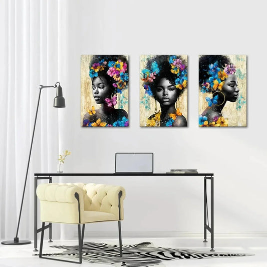 3pcs African American Lady Flower Metal Print Ready to Hang Art