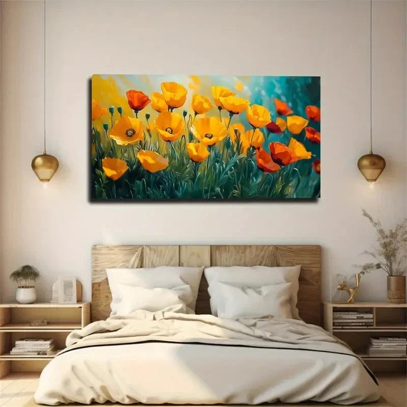 Red And Yellow Flower Fields Wall Art Canvas Office Home Room Framed 80x45cm