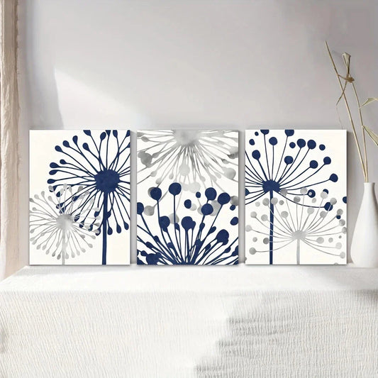 3pcs Navy Blue Gray Abstract Flowers Metal Print Ready to Hang Art