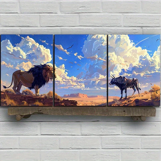 3pcs Lion and Cow White Clouds Blue Sky Metal Print Ready to Hang Art