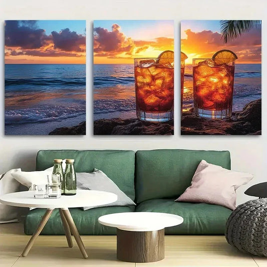 3pcs Island Beach Cocktails Over Sunset Metal Print Ready to Hang Art