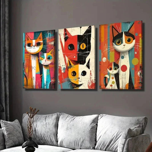 3pcs Vintage Colorful Cat Illustrations Wall Art Set Canvas Framed 40x60cm - High Quality Print 100% Australian Made Wall Canvas Ready to Hang
