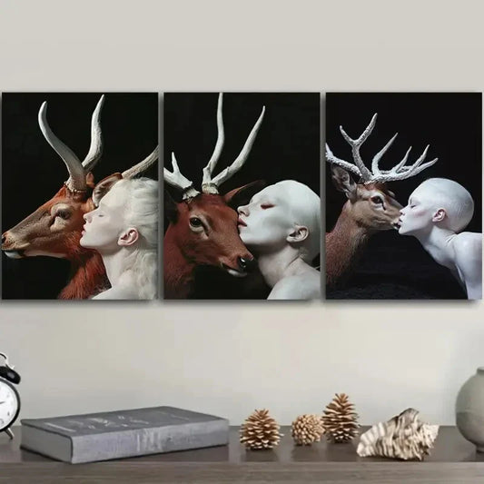 3pcs White Deer, girl Art Painting Metal Print Ready to Hang Art