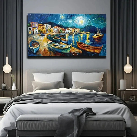 Starry Night Harbor Boats Wall Art Canvas Office Home Room Framed 120x60cm