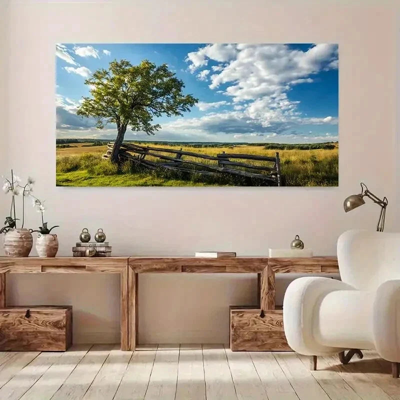 Wooden Fence & Tree Field wall canvas office home room framed 120x60cm