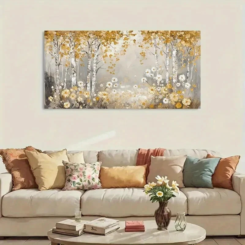 Golden Leave Trees Flowers wall canvas office home room framed 120x60cm