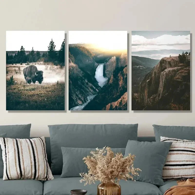 3pcs Bison & Scenic Waterfalls, Yosemite Grand Metal Print Ready to Hang Art