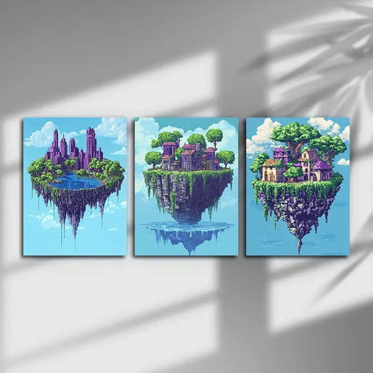 3pcs Dreamy Sky Island Green Trees Metal Print Ready to Hang Art