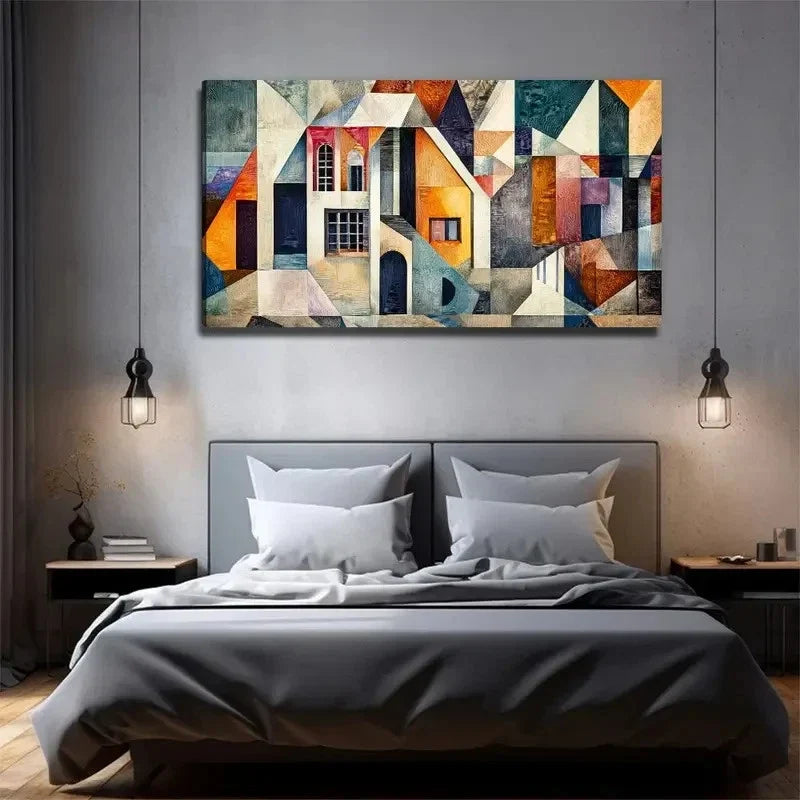 Cubist House Decoration Wall Art Canvas Office Home Room Framed 80x45cm