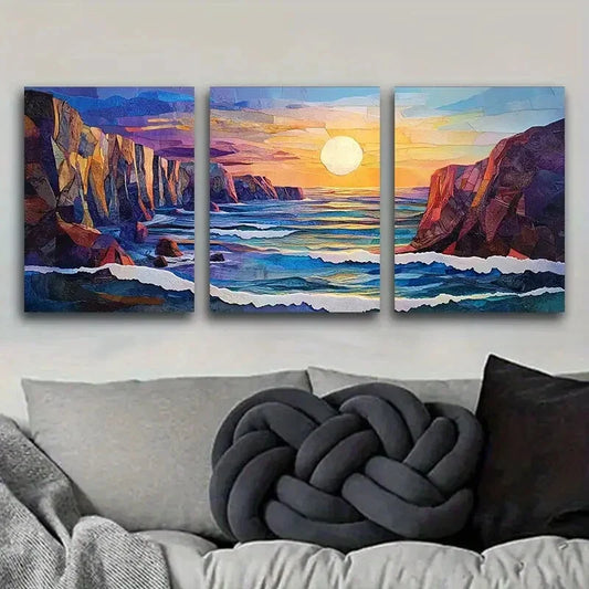 3pcs Sunset Over The Sea in Vibrant Colors Metal Print Ready to Hang Art