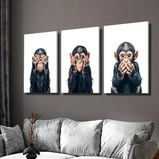 3pcs Playful Chimpanzee Expressions Wall Art Set Canvas Framed 40x60cm - High Quality Print 100% Australian Made Wall Canvas Ready to Hang