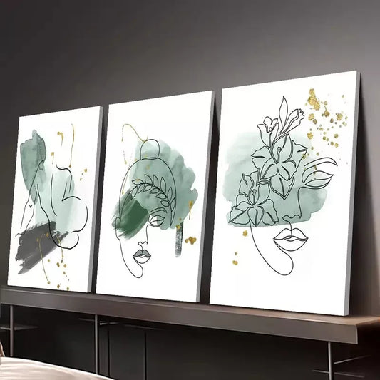 3pcs Abstract Green Sage Line Face Shape Wall Art Set Canvas Framed 40x60cm - High Quality Print 100% Australian Made Wall Canvas Ready to Hang