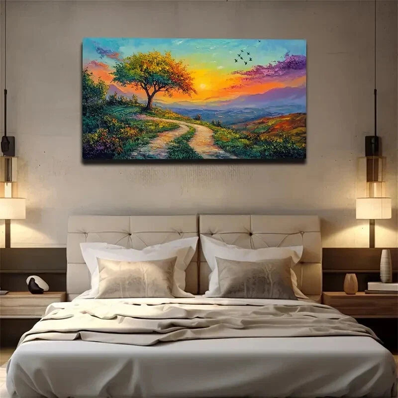 Vibrant Hill Path & Rising Sun Wall Art Canvas Office Home Room Framed 120x60cm