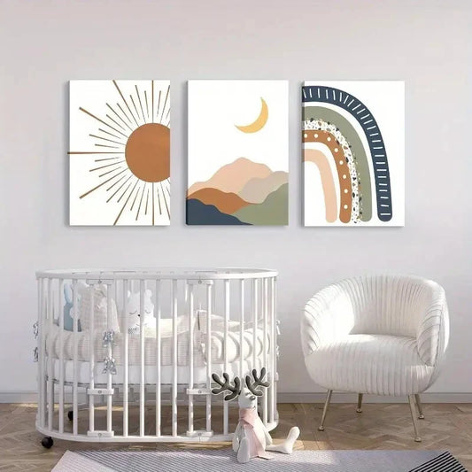 3pcs Sun, Rainbow, and Moon Nursery Metal Print Ready to Hang Art