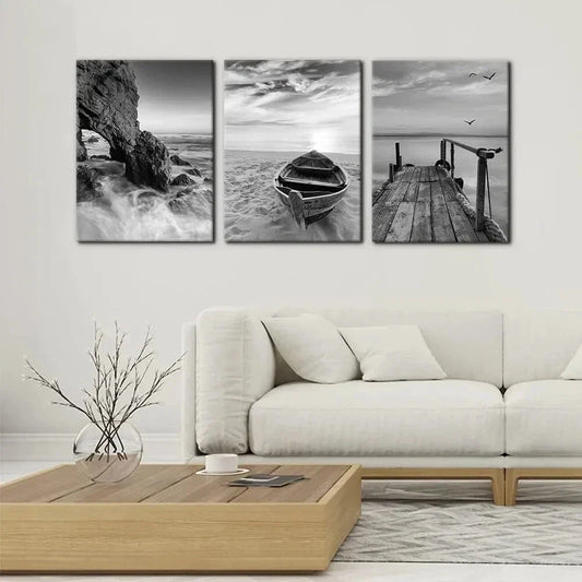 3pcs Beach & Boat Sunrise Scenery Black and White Metal Print Ready to Hang Art