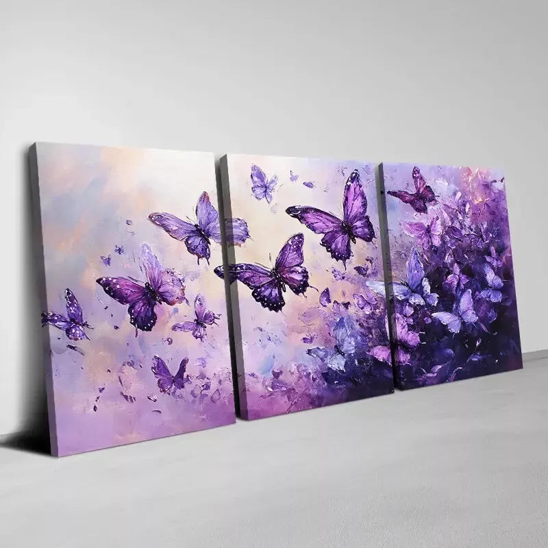 3pcs Beautiful Purple and Pink Butterfly Wall Art Set Canvas Framed  40x60cm - High Quality Print 100% Australian Made Wall Canvas Ready to Hang