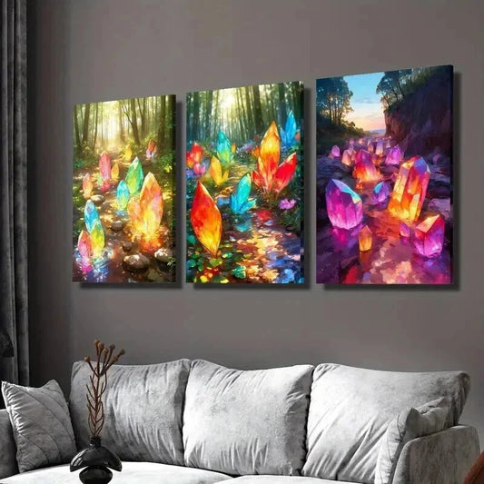 3pcs Colorful Magic Crystals in the Forest Wall Art Set Canvas Framed 40x60cm - High Quality Print 100% Australian Made Wall Canvas Ready to Hang