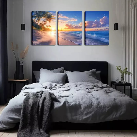 3pcs Beach And Sunrise, Paint   Wall Art Set Canvas Framed 40x60cm - High Quality Print 100% Australian Made Wall Canvas Ready to Hang