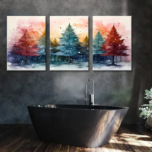 3pcs Christmas Tree Blue & Red Yellow Metal Print Ready to Hang Art