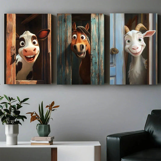 3pcs Curious Animals Sticking Their Heads Out Metal Print Ready to Hang Art