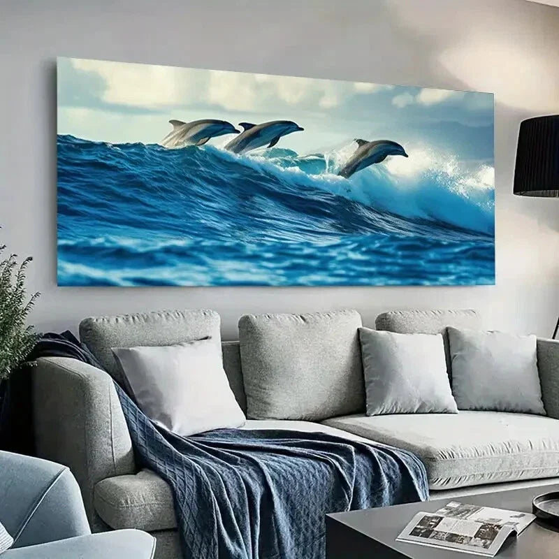Vibrant Ocean Dolphins Playful Wall Art Canvas Office Home Room Framed 120x60cm