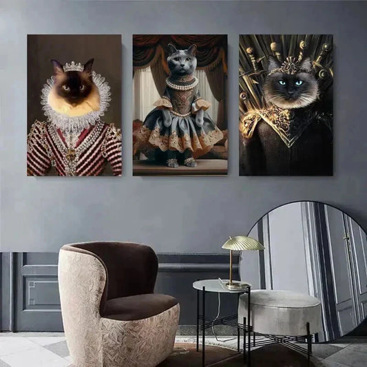 3pcs Cats Dressed in Royal Attire, Victorian Metal Print Ready to Hang Art