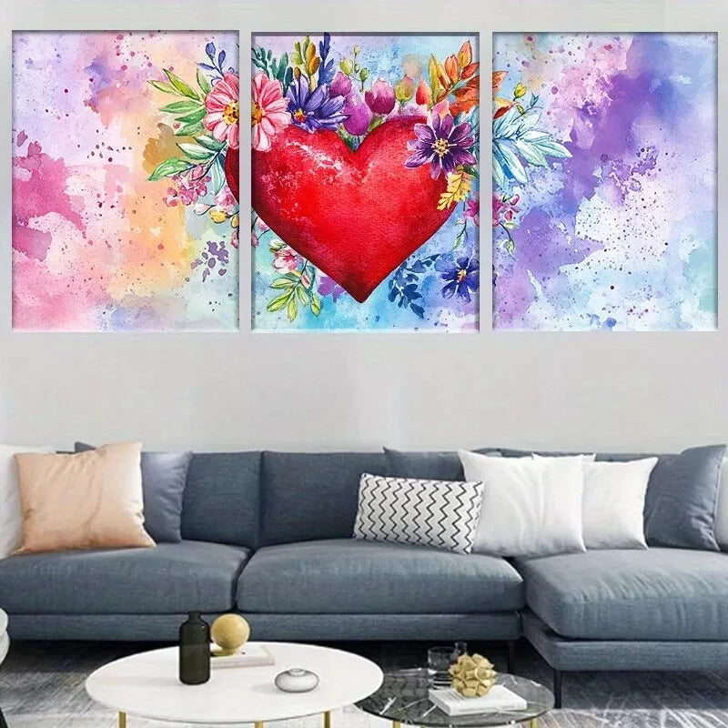 3pcs Vibrant Abstract Floral Heart Canvas Wall Art Set Canvas Framed 40x60cm - High Quality Print 100% Australian Made Wall Canvas Ready to Hang