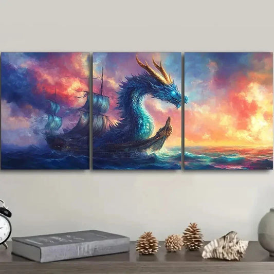 3pcs  Blue Dragon on Boat Art Deco Metal Print Ready to Hang Art