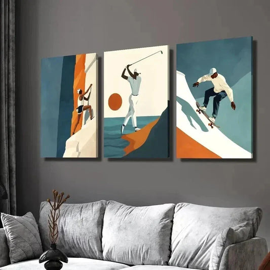 3pcs Climbing Golf Skateboarding Illustrations Wall Art Set Canvas Framed 40x60cm - High Quality Print 100% Australian Made Wall Canvas Ready to Hang