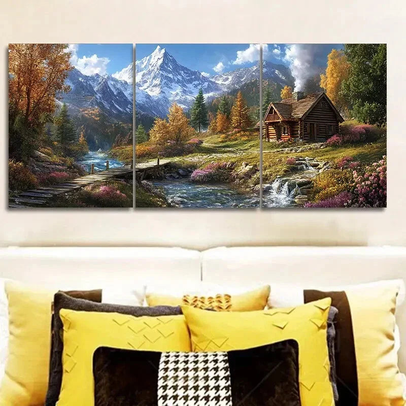 3pcs Pretty little cabin by the stream Metal Print Ready to Hang Art