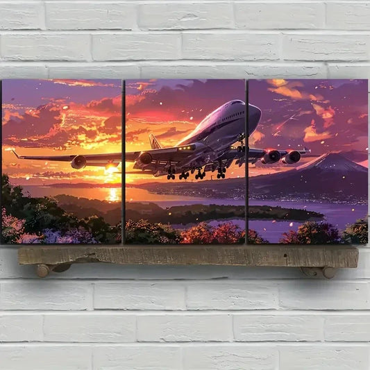 3pcs Colorful Airplane Under The Sky Metal Print Ready to Hang Art