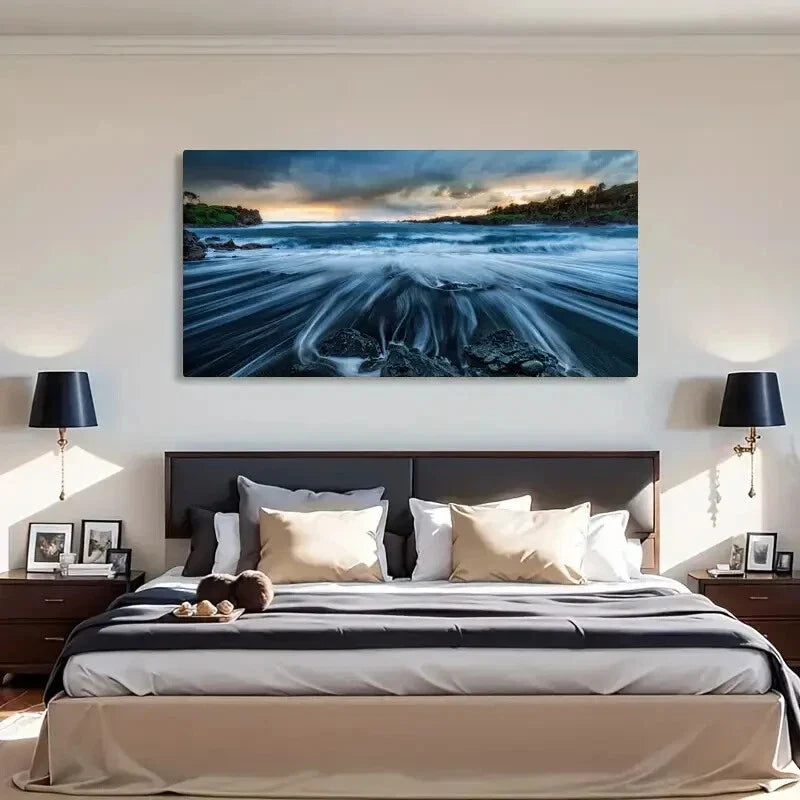 Black Sand Beach Modern Décor Wall Art Canvas Office Home Room Framed 120x60cm