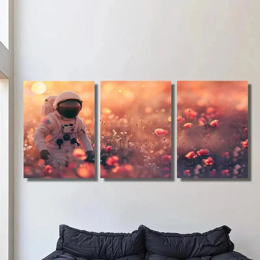 3pcs Star Explorer, Astronaut in a Flower Field Metal Print Ready to Hang Art