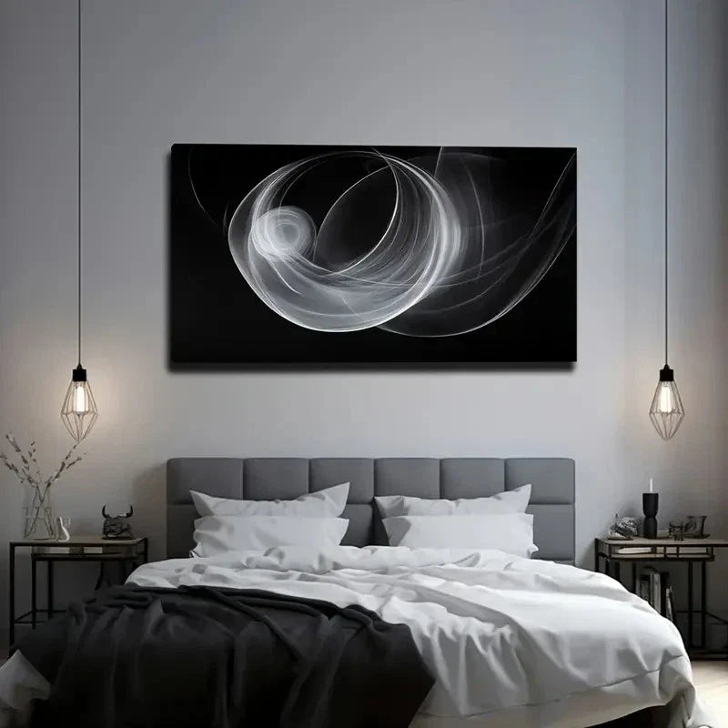 White Line Swirls In Black Back Wall Art Canvas Office Home Room Framed 80x45cm