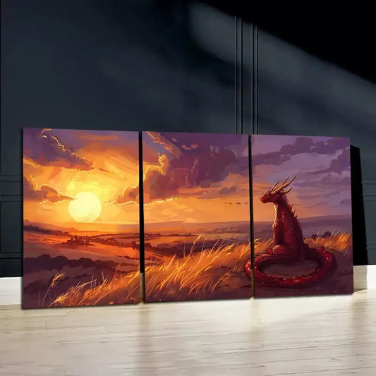 3pcs A Young Dragon Watching The Sunset Canvas Framed 40x60cm - High Quality Print 100% Australian Made Wall Canvas Ready to Hang