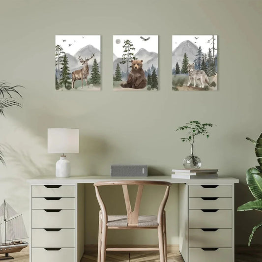 3pcs Animal Wildlife Deer Bear Wolf Metal Print Ready to Hang Art