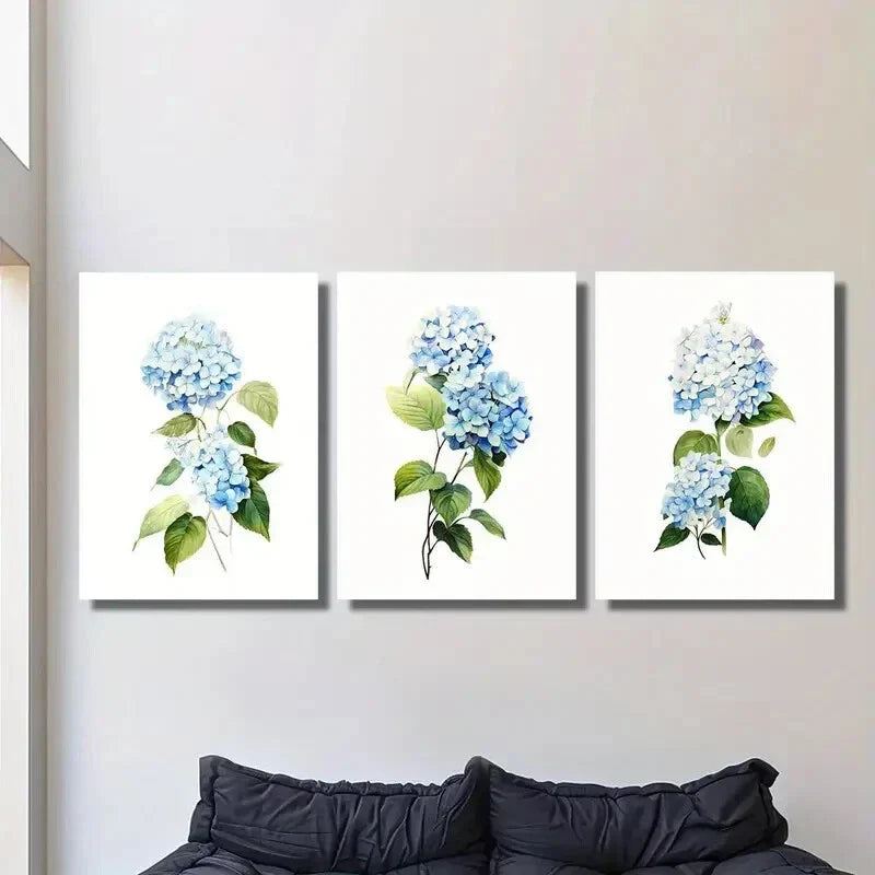 3pcs Blue Hydrangea Floral with Green Leaves Metal Print Ready to Hang Art