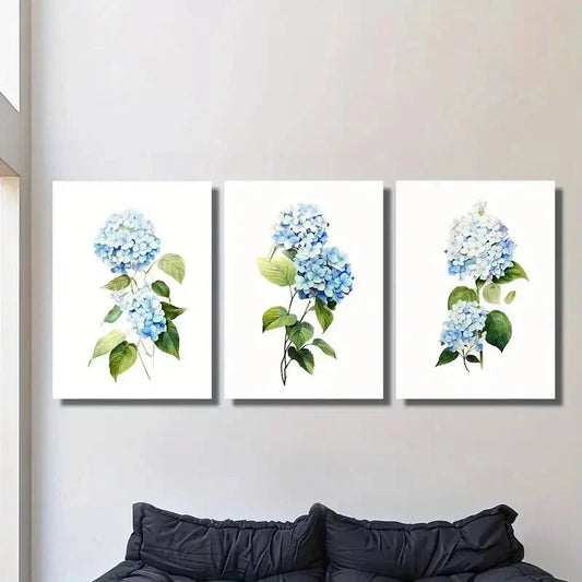 3pcs Blue Hydrangea Floral with Green Leaves Metal Print Ready to Hang Art