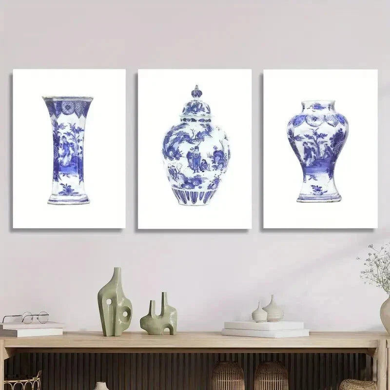 3pcs Elegant Chinese-Style Vase Designs Metal Print Ready to Hang Art