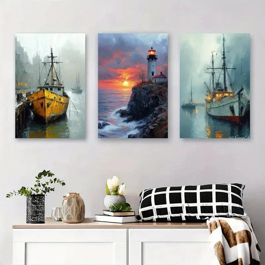 3pcs Coastal Sunset, Ocean Waves, Vintage Ships Metal Print Ready to Hang Art